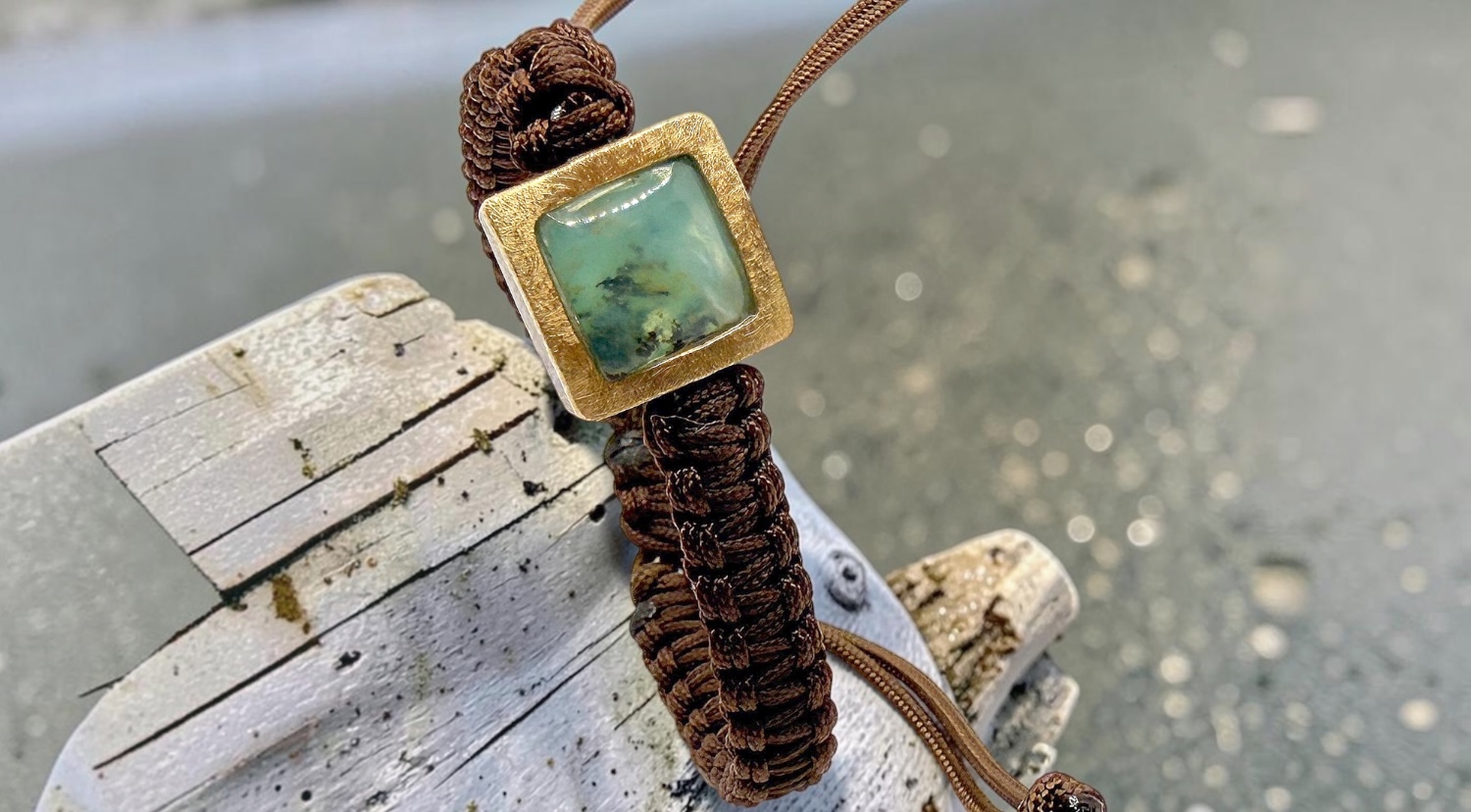 squared peruvian blue opal macrame bracelet in silver and gold