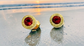 ROUND MEXICAN FIRE OPAL EARRINGS IN GOLD