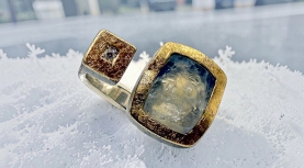 RECTNGULAR ROUGH MOONSTONE RING WITH DIAMOND IN SILVER AND GOLD