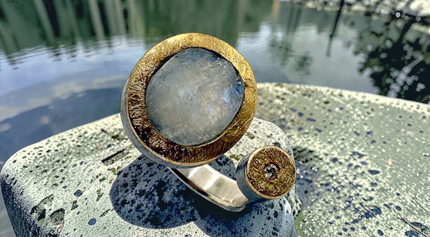 anillo piedra luna bruto oval brillante plata oro