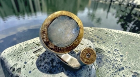 OVAL ROUGH MOONSTONE RING WITH DIAMOND IN SILVER AND GOLD