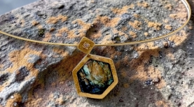 HEXAGONAL ROUGH LABRADORITE PENDANT WITH DIAMOND IN SILVER AND GOLD