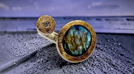 OVAL ROUGH LABRADORITE RING WITH DIAMOND IN SILVER AND GOLD
