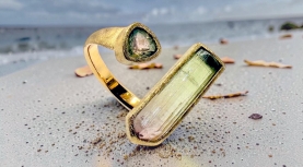 BICOLOR ROUGH TOURMALINE AND FACETED WATERMELIN RING IN GOLD