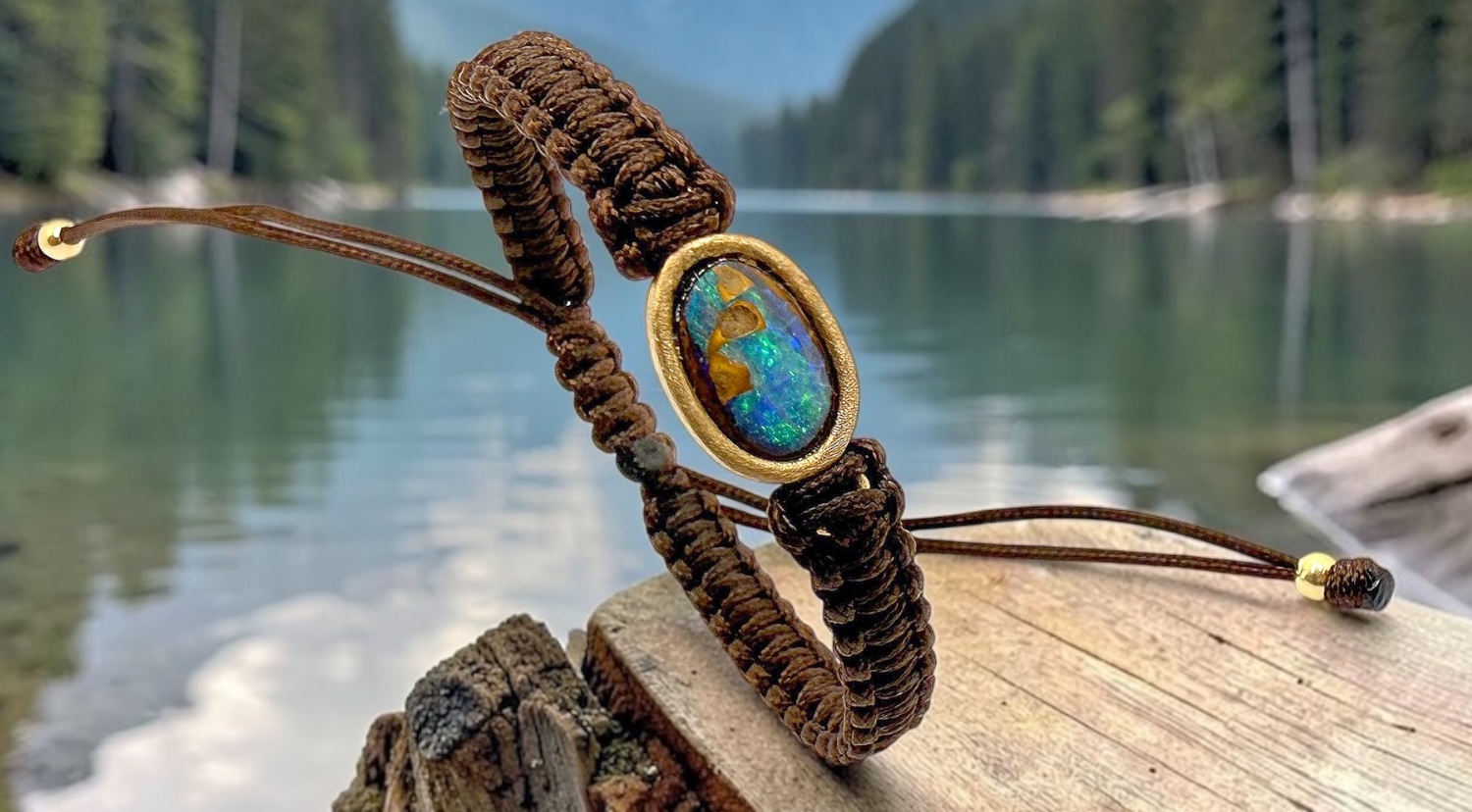 brazalete opalo boulder oval azul macrame oro