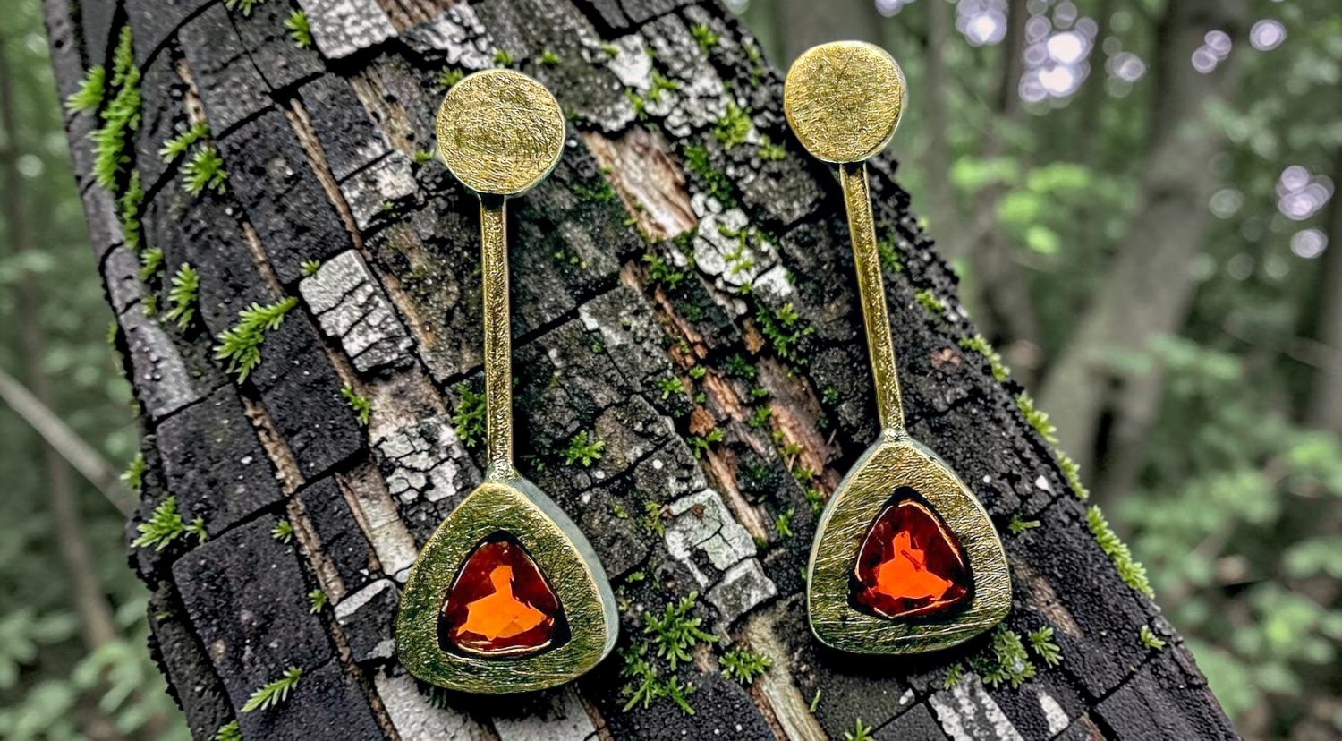 triangular mexican fire opal large earrings in silver and gold