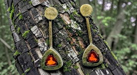 TRIANGULAR MEXICAN FIRE OPAL LARGE EARRINGS IN SILVER AND GOLD