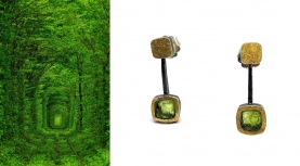 LARGE SQUARED ROUGH PERIDOT EARRINGS IN MOVEMENT IN SILVER AND GOLD