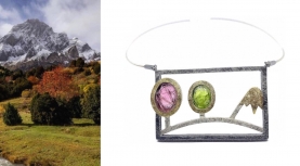PENDANT MOUNTAIN LANDSCAPES IN AUTUMN OLIVINE AND PINK TOURMALINE IN ROUGH SILVER AND GOLD