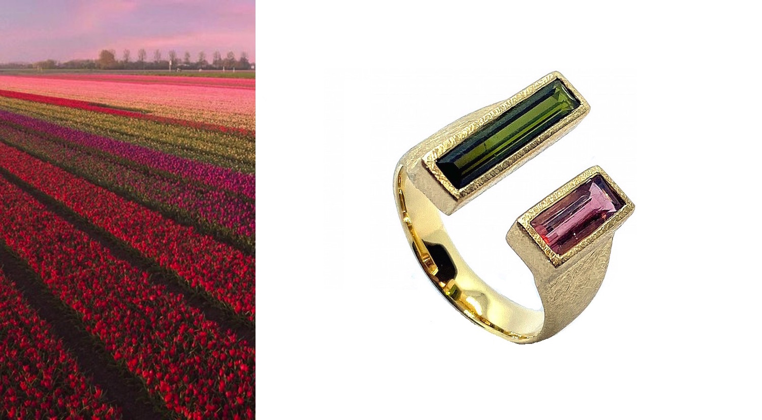 green and pink tourmalines ring with baguet cut in gold