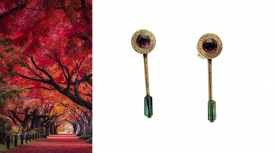 PINK CABOCHON AND GREEN PRISMA LONG GOLD TURMALINE EARRINGS