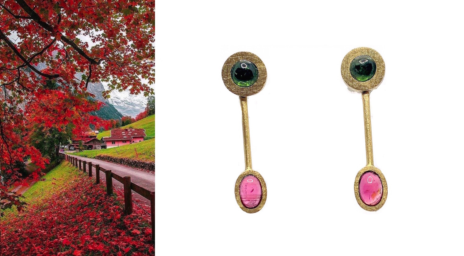 golden pink and green cabojon turmaline earrings
